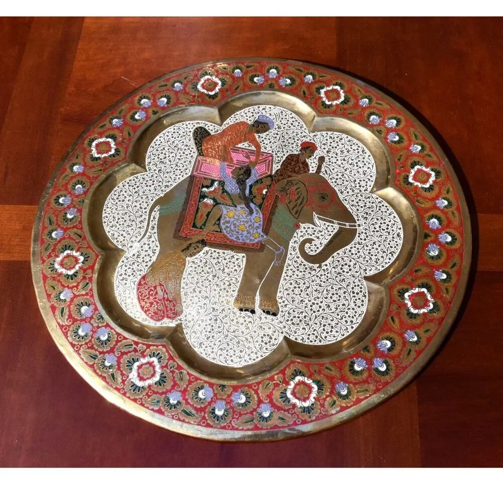 Vintage India Brass Art Plate - Royalty on Elephant & Peacock Scene - 14.25